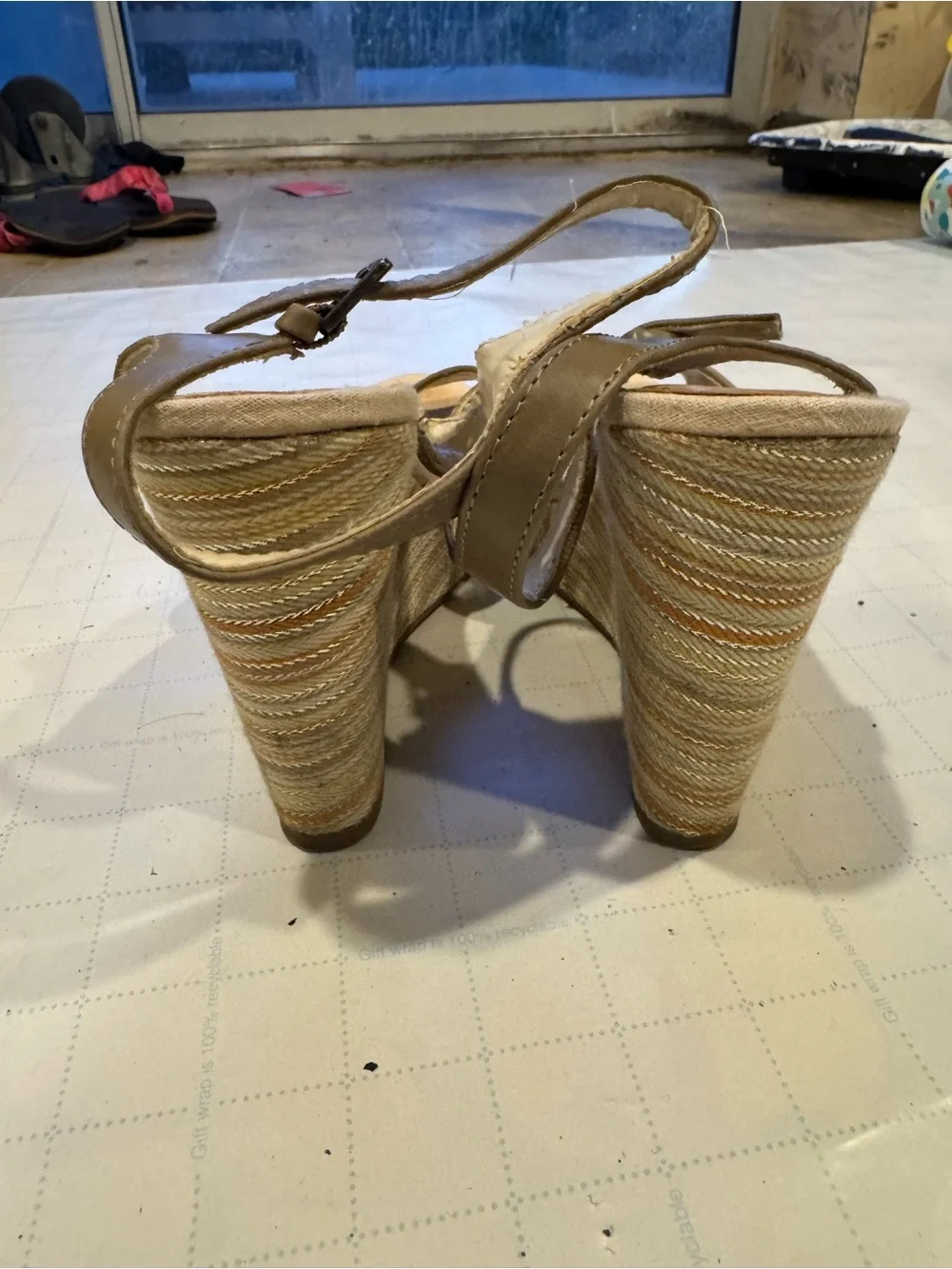 LC Lauren Conrad Beige Linen & Taupe Leather Ankle-Strap Heels